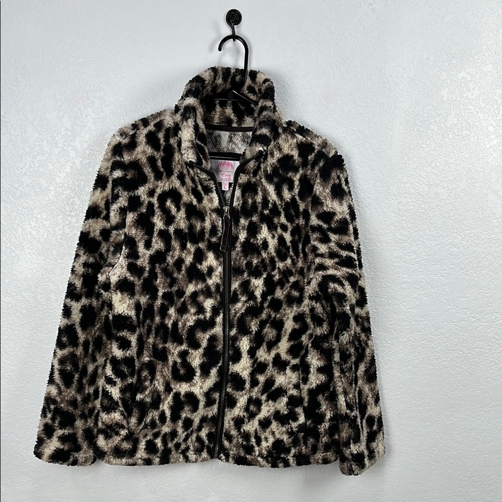 Cozy Sherpa Womens Leopard Print Fleece Zip up Size Large Mob Wife Animal Print